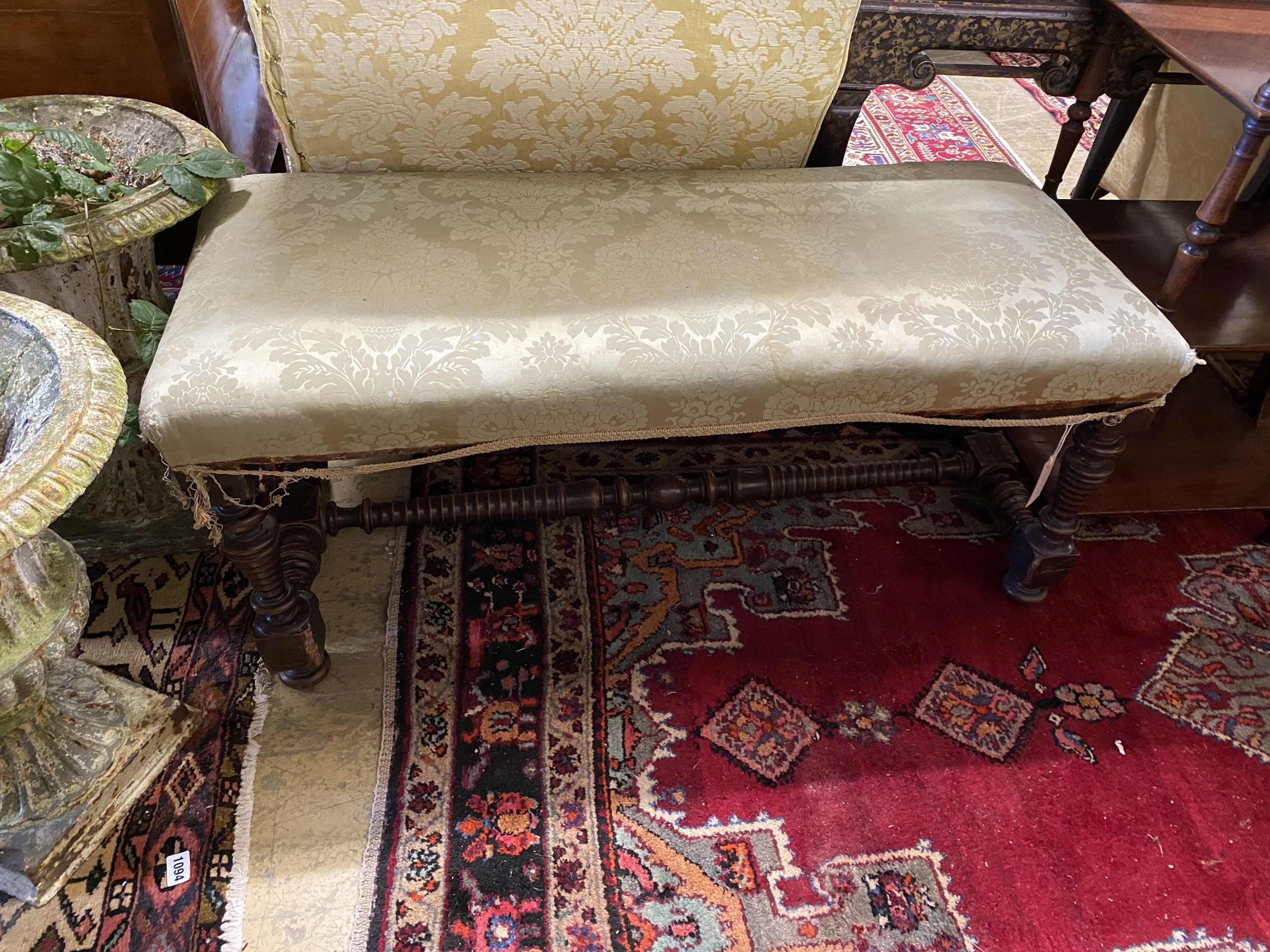 A Victorian mahogany window seat on turned legs, length 108cm, depth 45cm, height 46cm
